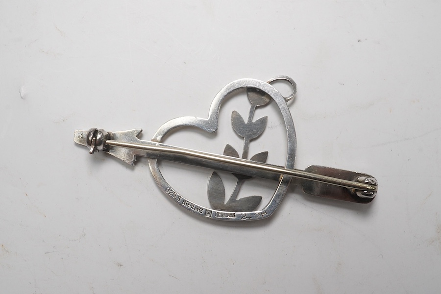 A Georg Jensen sterling heart, arrow and frond brooch, design no. 242H, 52mm. Condition - fair to good